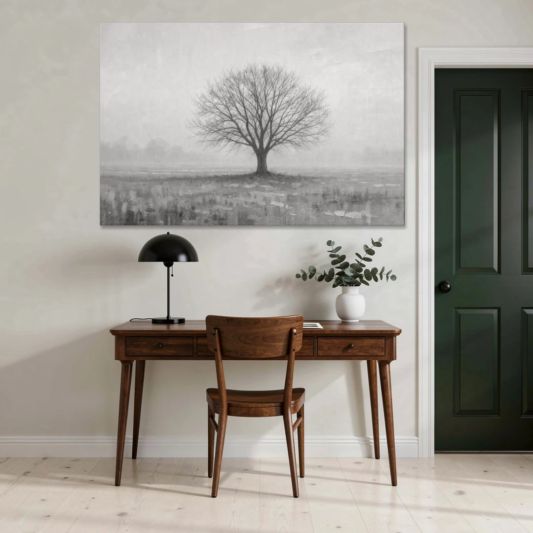 Minimalist Landscape Painting of a Lone Tree in Fog - Canvas Wall Art - Office - 60x40