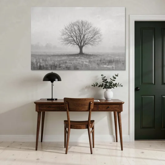 Minimalist Landscape Painting of a Lone Tree in Fog - Canvas Wall Art - Office - 60x40
