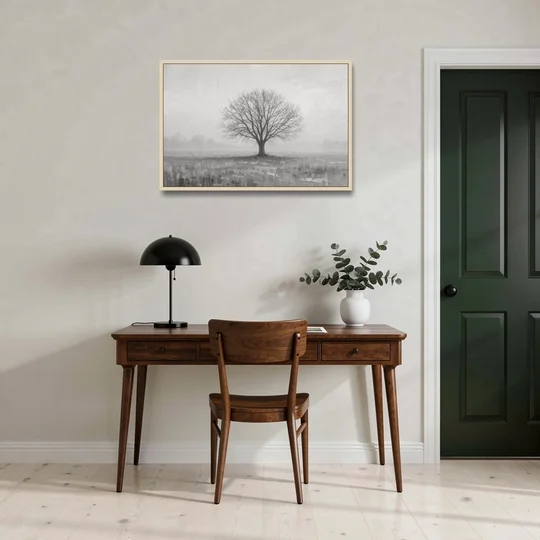Minimalist Landscape Painting of a Lone Tree in Fog - Oak Framed Canvas Wall Art - Office - 36x24