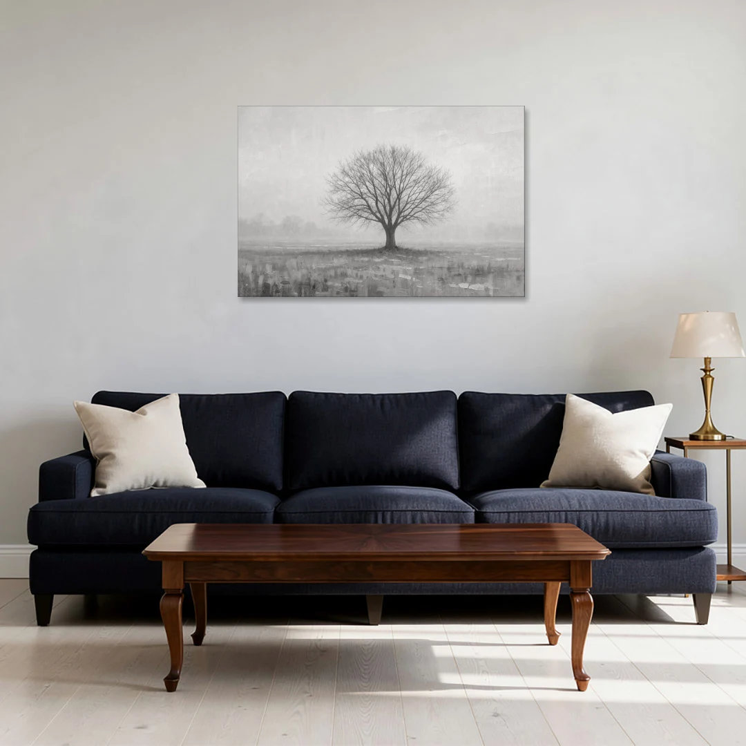 Minimalist Landscape Painting of a Lone Tree in Fog - Canvas Wall Art - Sofa - 36x24