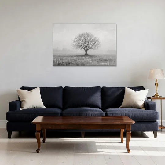 Minimalist Landscape Painting of a Lone Tree in Fog - Canvas Wall Art - Sofa - 36x24