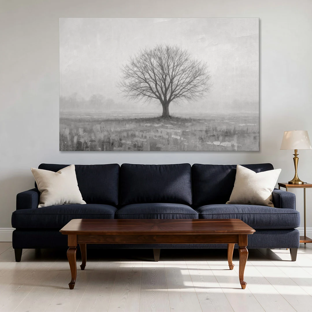 Minimalist Landscape Painting of a Lone Tree in Fog - Canvas Wall Art - Sofa - 60x40