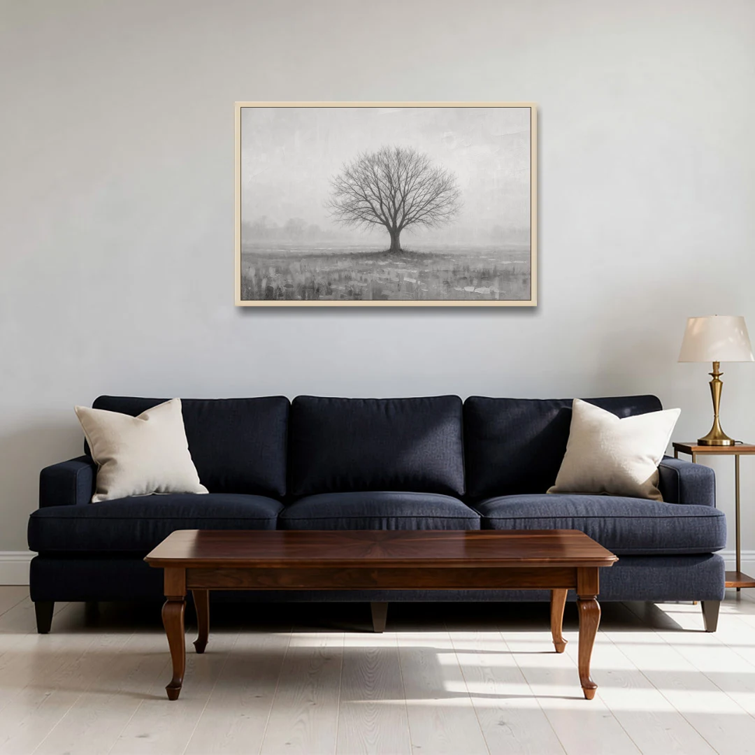 Minimalist Landscape Painting of a Lone Tree in Fog - Oak Framed Canvas Wall Art - Sofa - 36x24