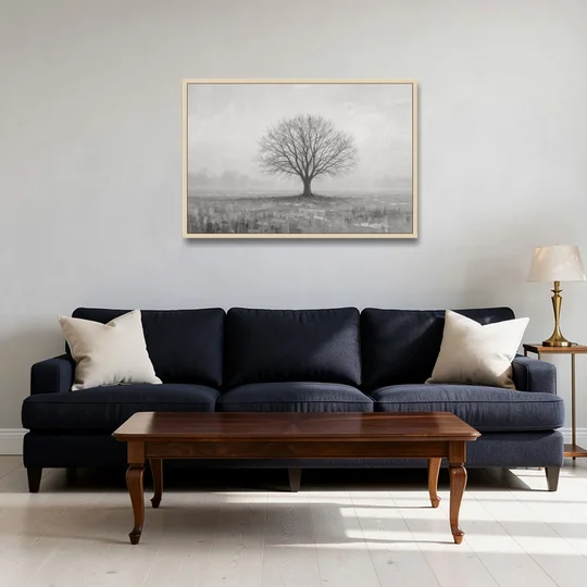 Minimalist Landscape Painting of a Lone Tree in Fog - Oak Framed Canvas Wall Art - Sofa - 36x24