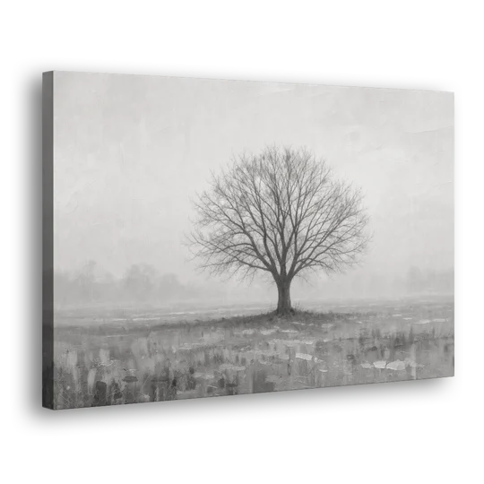 Minimalist Landscape Painting of a Lone Tree in Fog - Canvas Wall Art - Side