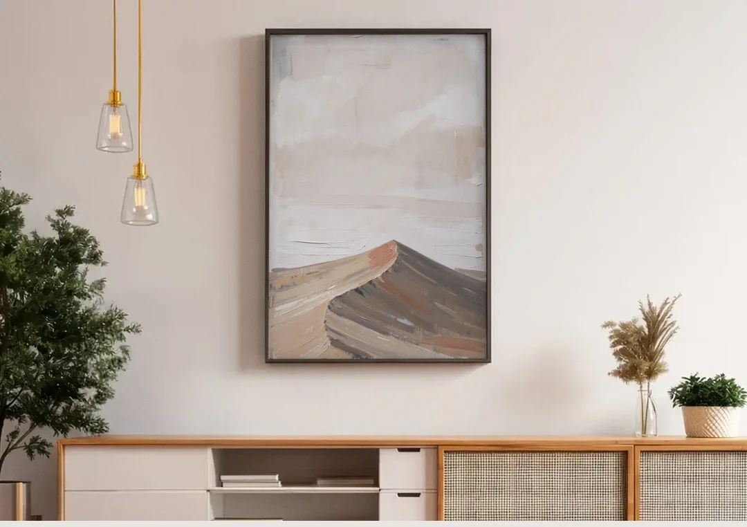 Minimalist Landscape Wall Art of a Sand Dune Ridge canvas wall art above a wooden sideboard under pendant lights