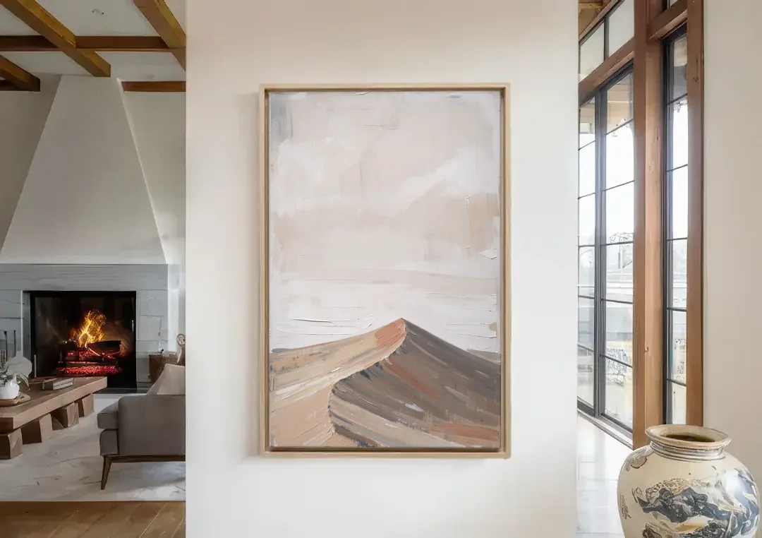 Minimalist Landscape Wall Art of a Sand Dune Ridge canvas wall art in a living room with a fireplace