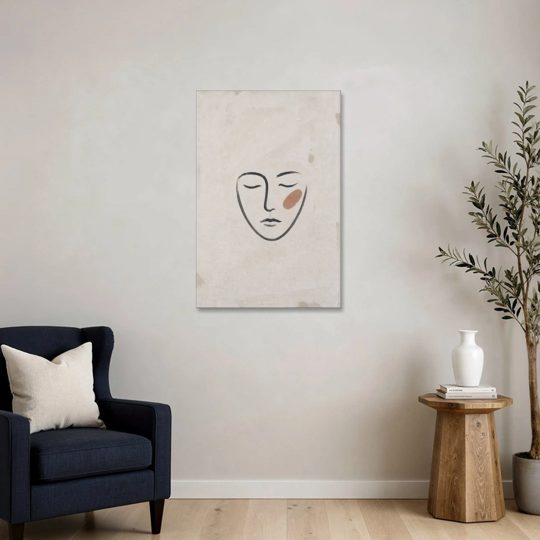 Minimalist Line Art Face with Terracotta Blush - Canvas Wall Art - Sofa - 24x36