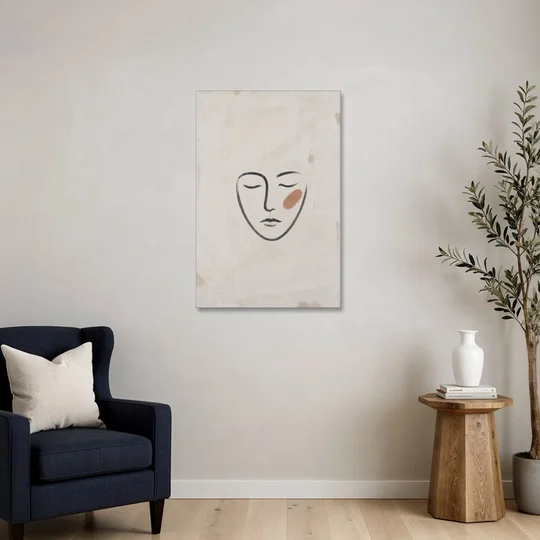 Minimalist Line Art Face with Terracotta Blush - Canvas Wall Art - Sofa - 24x36