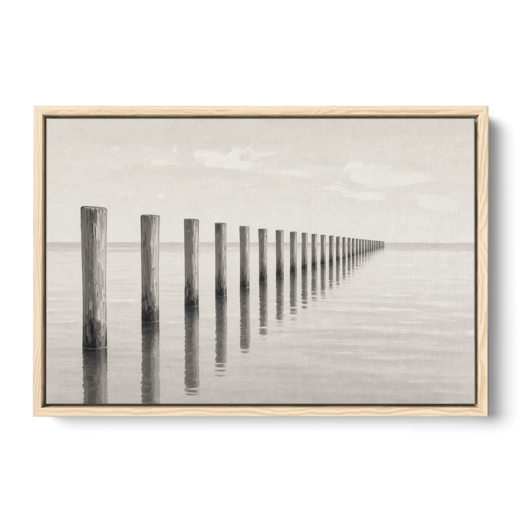 Minimalist Office Wall Art of Old Pier Pilings - Oak Framed Canvas Wall Art - Front