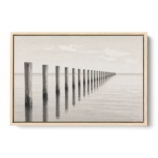 Minimalist Office Wall Art of Old Pier Pilings - Oak Framed Canvas Wall Art - Front
