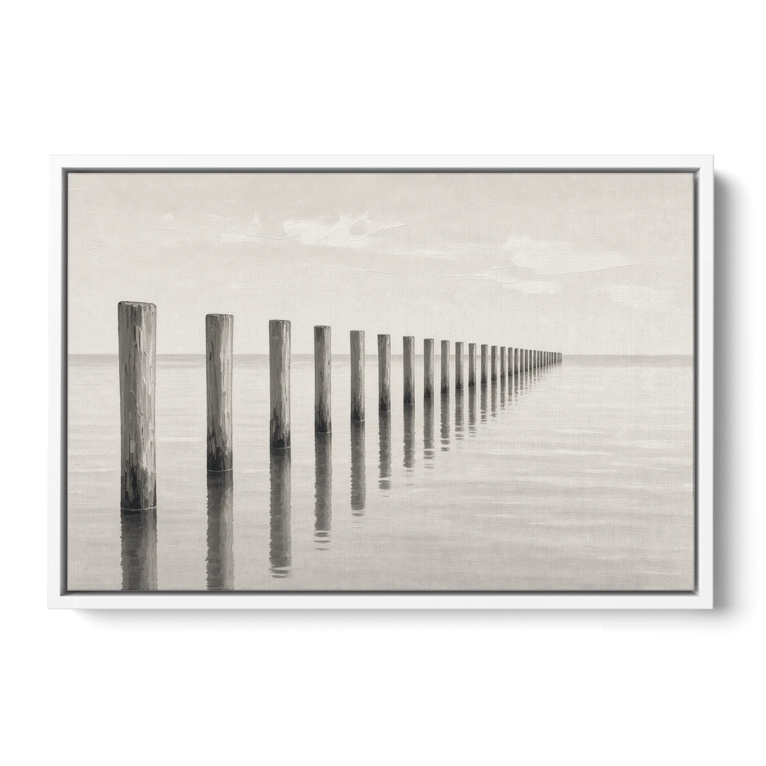 Minimalist Office Wall Art of Old Pier Pilings - White Framed Canvas Wall Art - Front