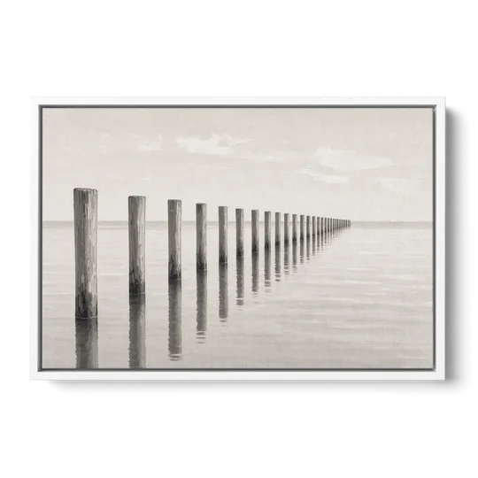 Minimalist Office Wall Art of Old Pier Pilings - White Framed Canvas Wall Art - Front