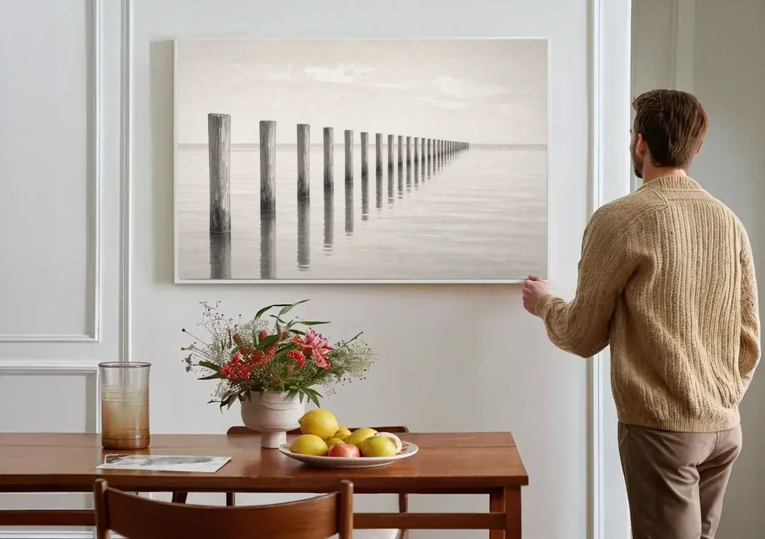 Minimalist Office Wall Art of Old Pier Pilings canvas wall art above a dining table