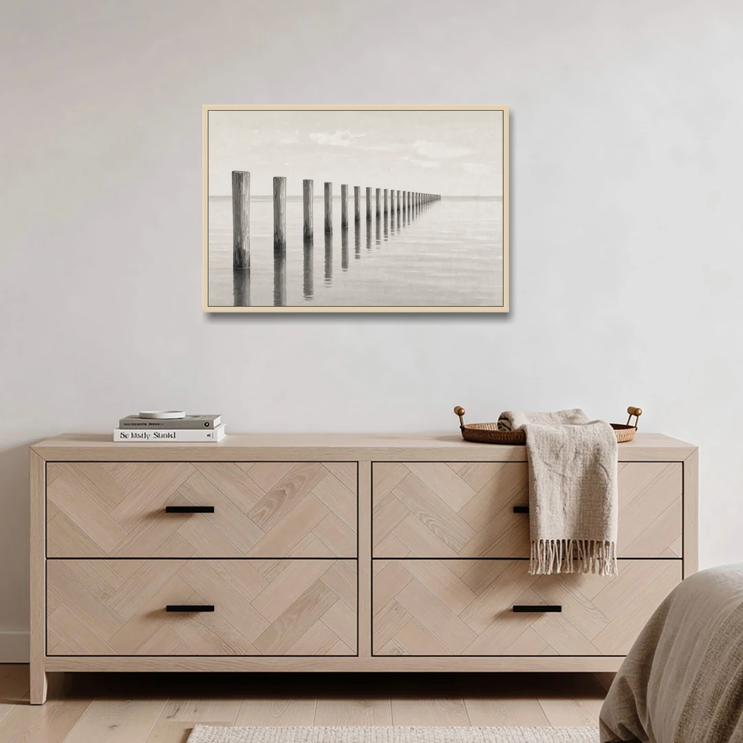 Minimalist Office Wall Art of Old Pier Pilings - Oak Framed Canvas Wall Art - Coffee Table - 36x24