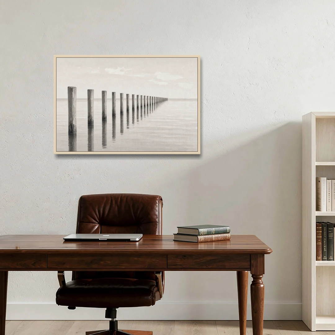 Minimalist Office Wall Art of Old Pier Pilings - Oak Framed Canvas Wall Art - Office - 36x24