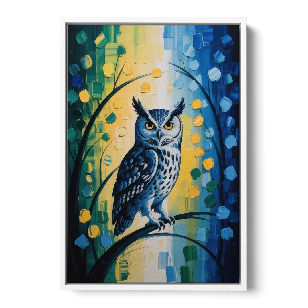 Minimalist Owl Silhouette - White Framed Canvas Wall Art - Front