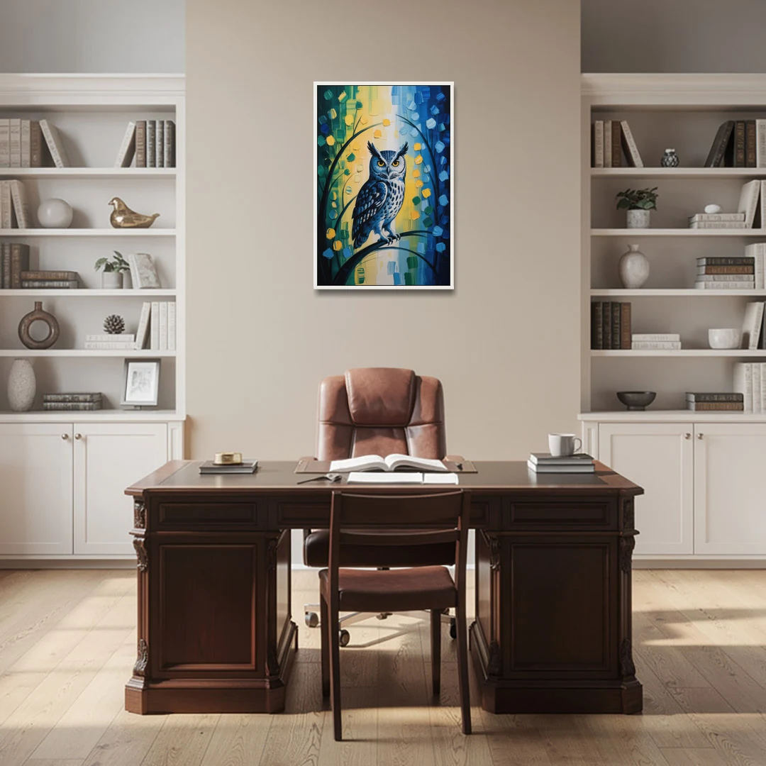 Minimalist Owl Silhouette - White Framed Canvas Wall Art - Office - 24x36