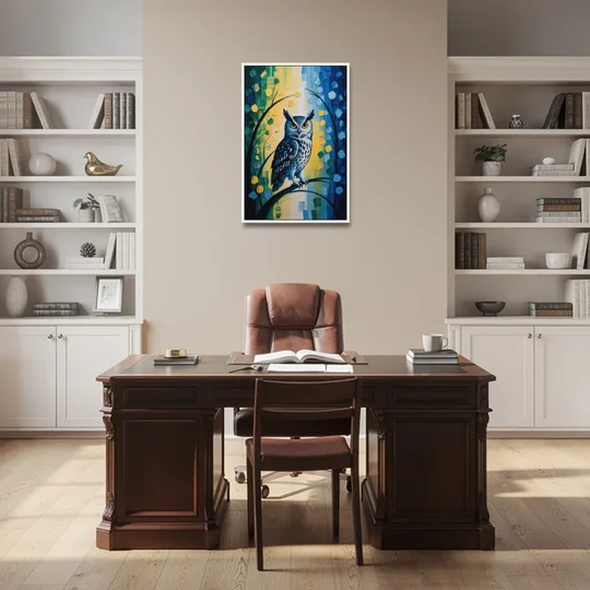 Minimalist Owl Silhouette - White Framed Canvas Wall Art - Office - 24x36