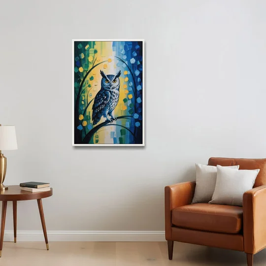 Minimalist Owl Silhouette - White Framed Canvas Wall Art - Sofa - 24x36
