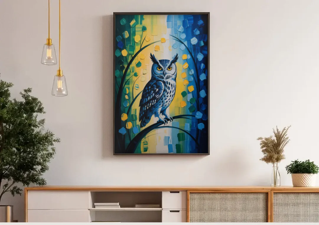 Minimalist Owl Silhouette canvas wall art above a wooden sideboard under pendant lights