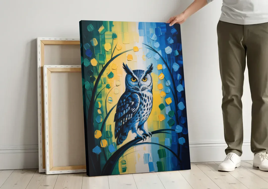 Minimalist Owl Silhouette canvas wall art leaning against a wall next to blank canvases