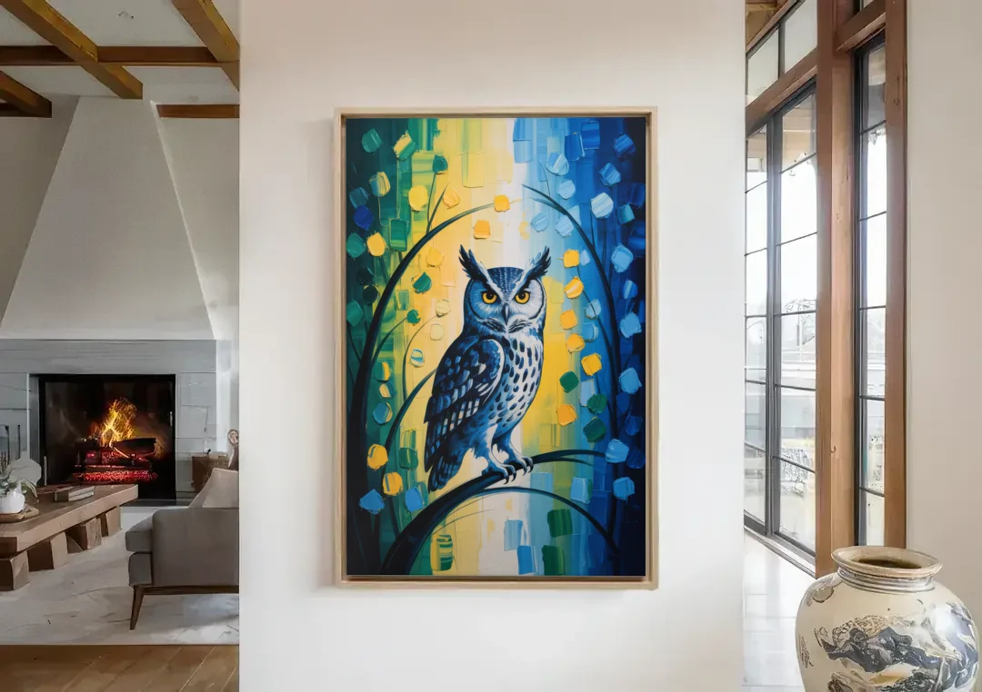 Minimalist Owl Silhouette canvas wall art in a living room with a fireplace