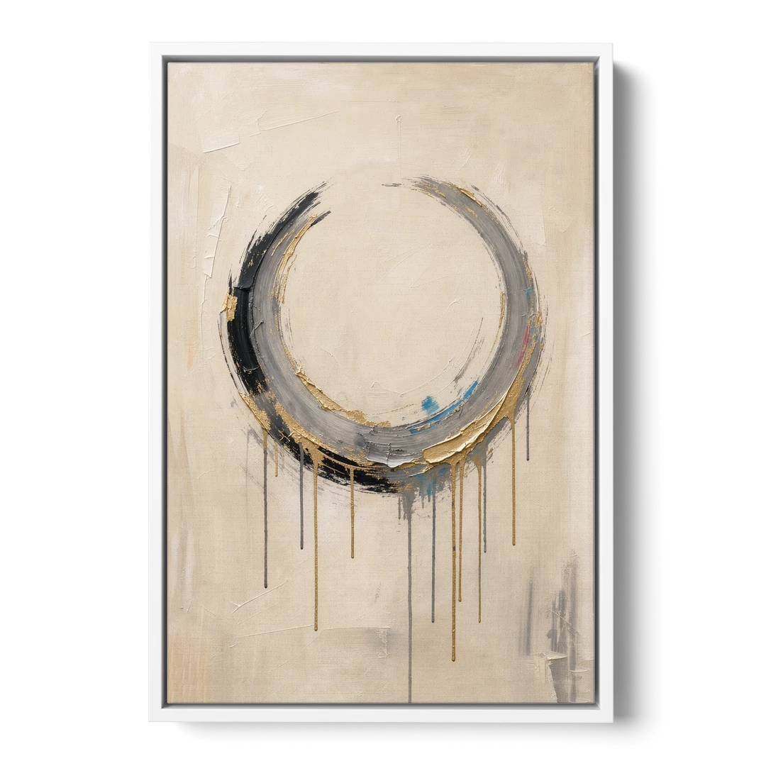 Minimalist Textured Gilded Enso Circle - White Framed Canvas Wall Art - Front