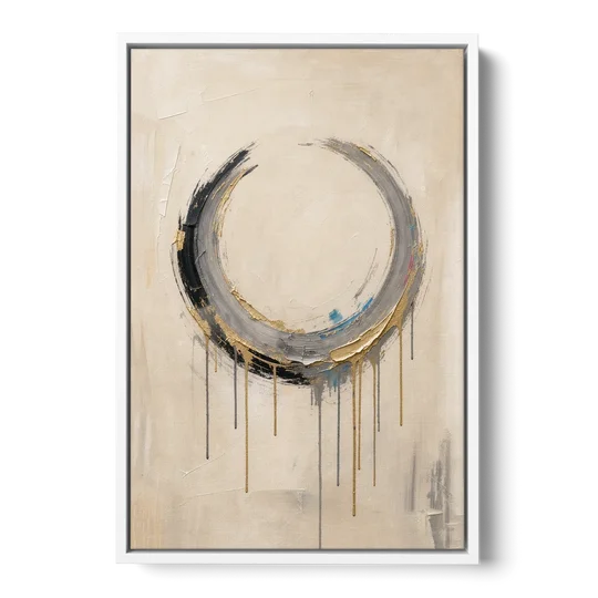 Minimalist Textured Gilded Enso Circle - White Framed Canvas Wall Art - Front
