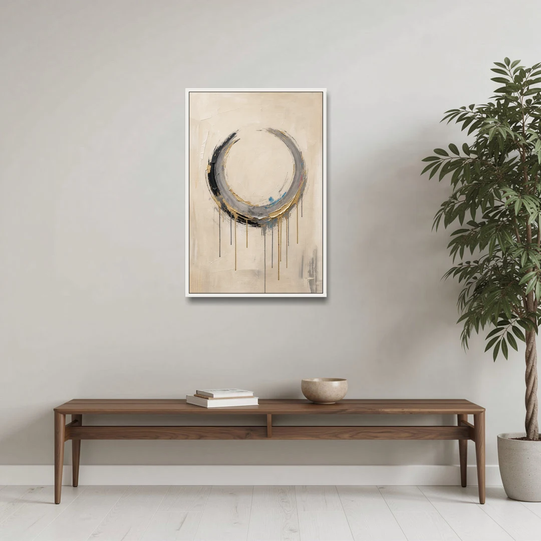 Minimalist Textured Gilded Enso Circle - White Framed Canvas Wall Art - Coffee Table - 24x36