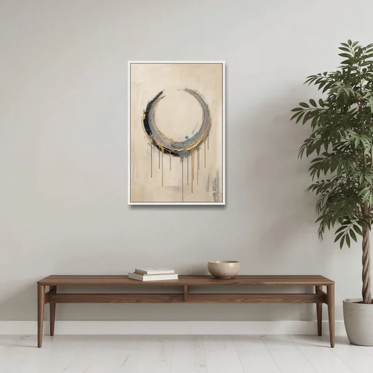 Minimalist Textured Gilded Enso Circle - White Framed Canvas Wall Art - Coffee Table - 24x36