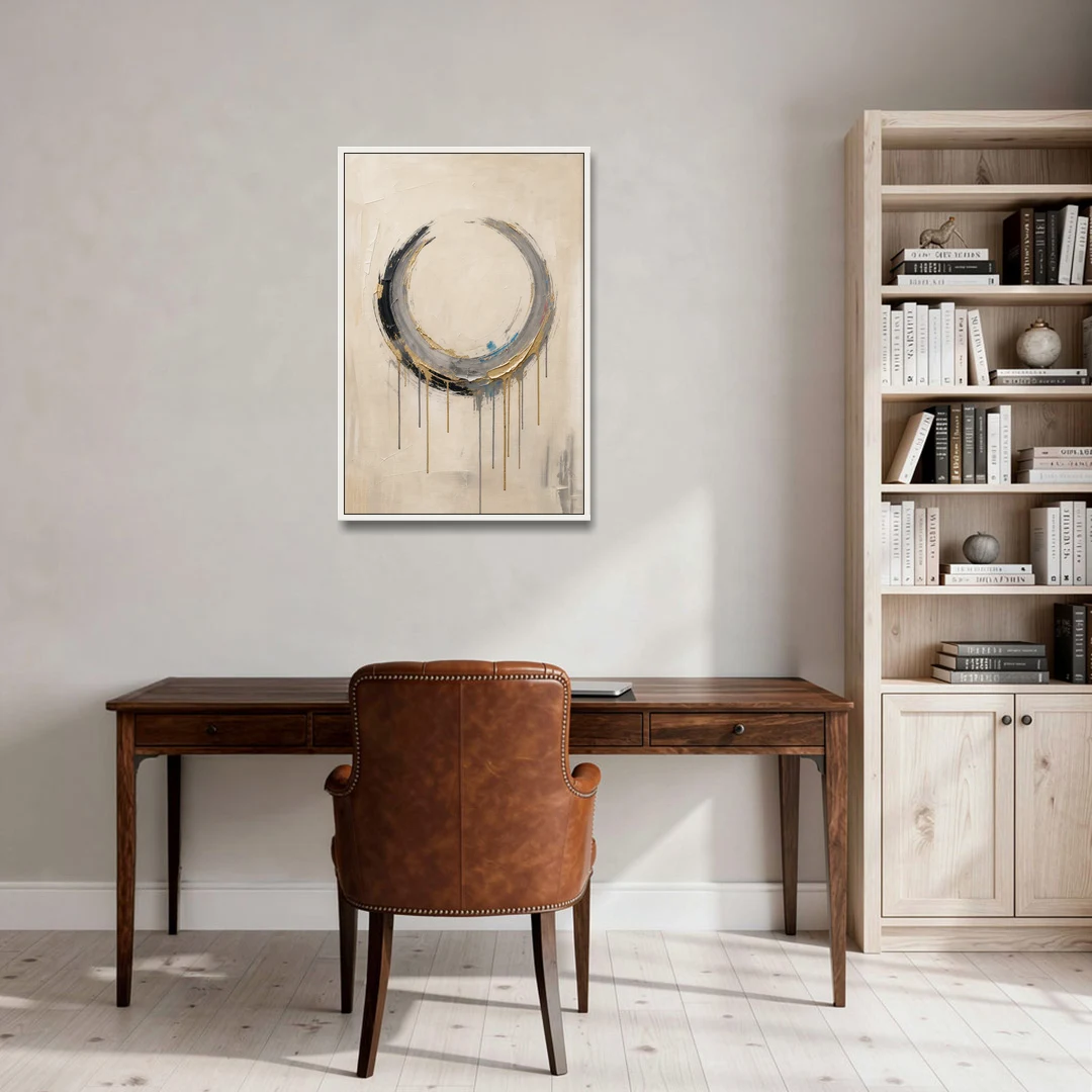 Minimalist Textured Gilded Enso Circle - White Framed Canvas Wall Art - Office - 24x36