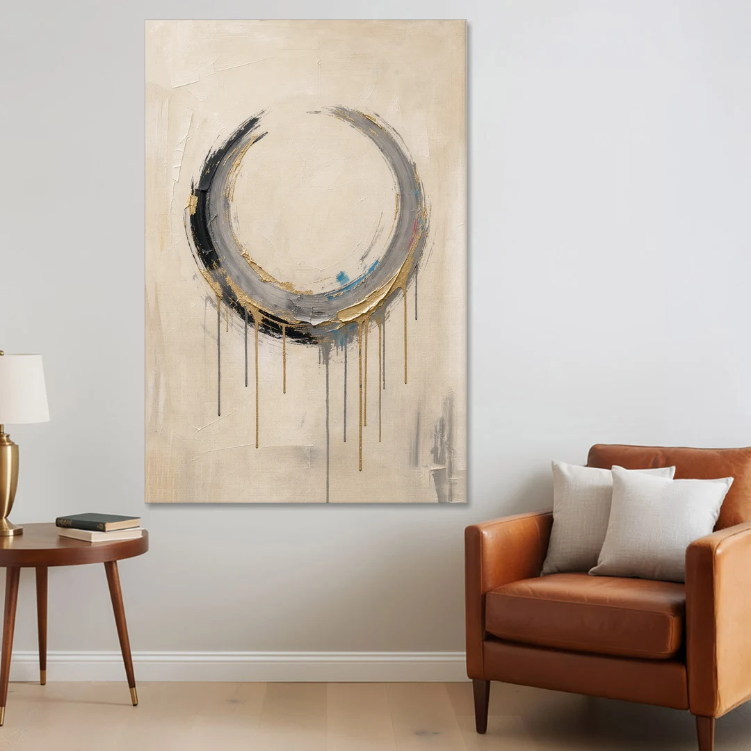 Minimalist Textured Gilded Enso Circle - Canvas Wall Art - Sofa - 40x60