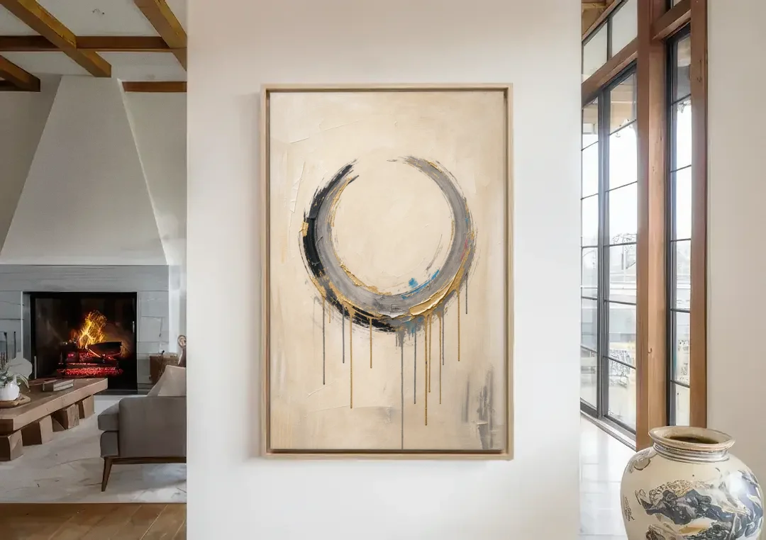 Minimalist Textured Gilded Enso Circle canvas wall art in a living room with a fireplace