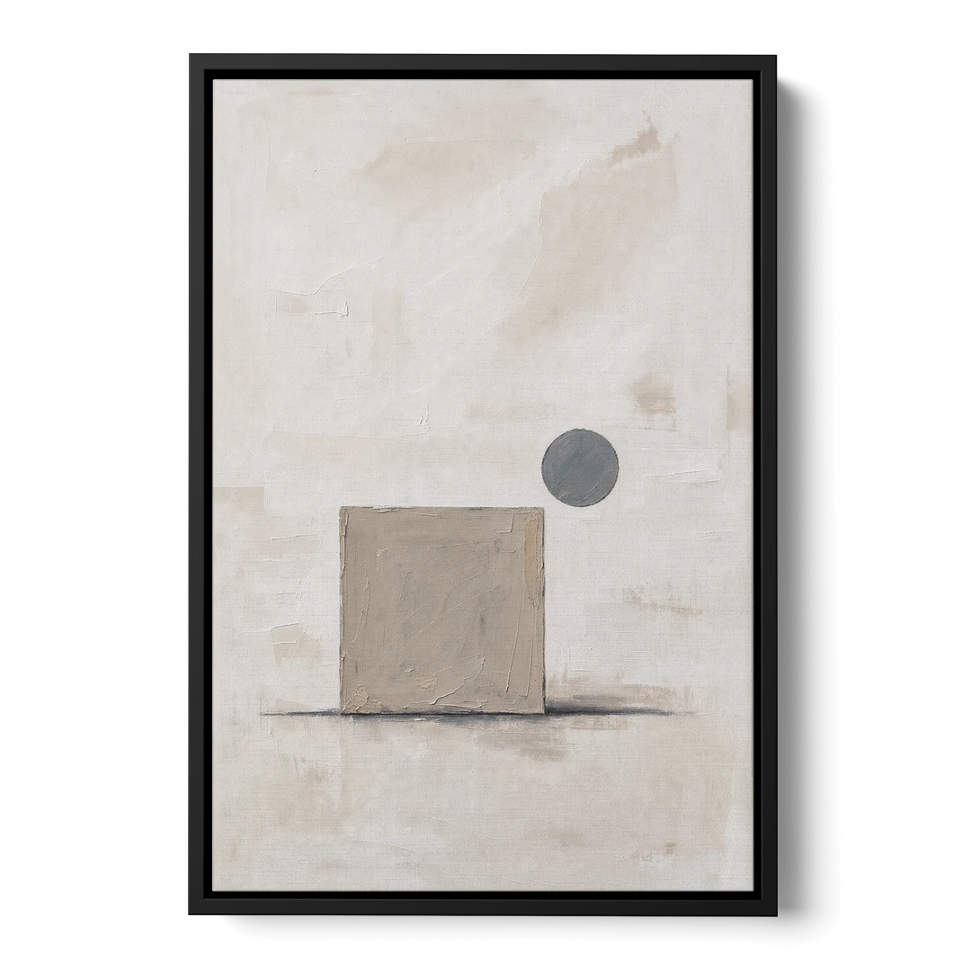 Minimalist Wall Decor with Driftwood Square and Slate Circle - Black Framed Canvas Wall Art - Front
