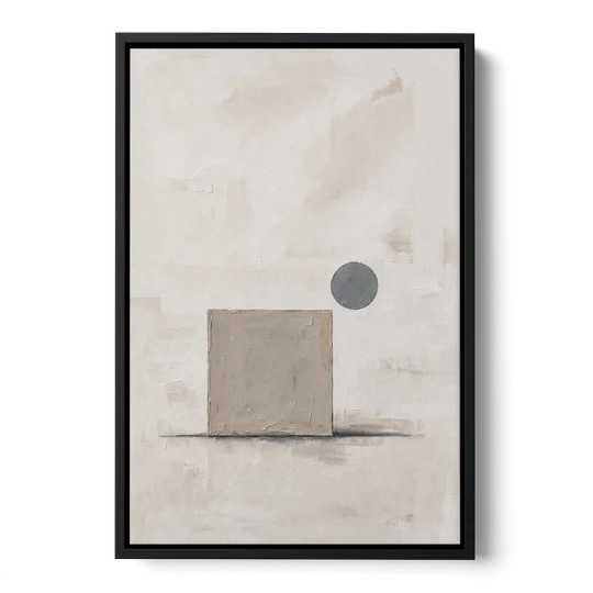 Minimalist Wall Decor with Driftwood Square and Slate Circle - Black Framed Canvas Wall Art - Front