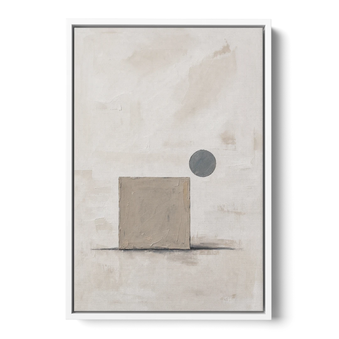 Minimalist Wall Decor with Driftwood Square and Slate Circle - White Framed Canvas Wall Art - Front