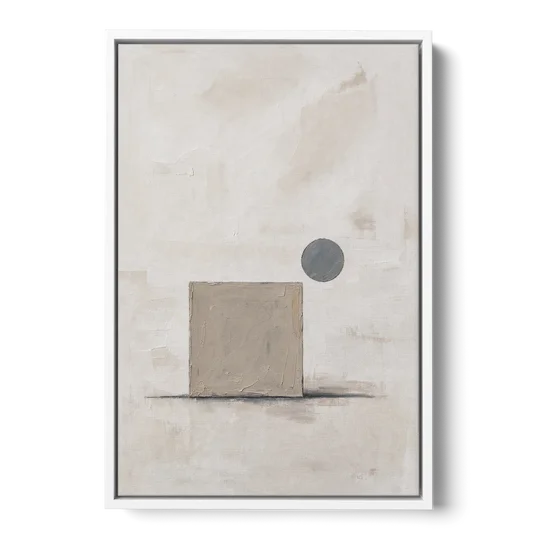 Minimalist Wall Decor with Driftwood Square and Slate Circle - White Framed Canvas Wall Art - Front