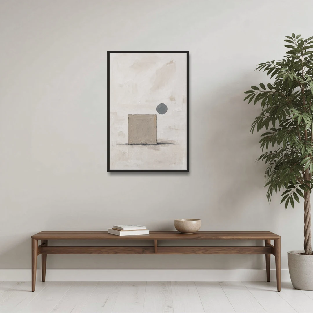 Minimalist Wall Decor with Driftwood Square and Slate Circle - Black Framed Canvas Wall Art - Coffee Table - 24x36