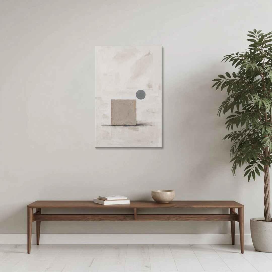 Minimalist Wall Decor with Driftwood Square and Slate Circle - Canvas Wall Art - Coffee Table - 24x36