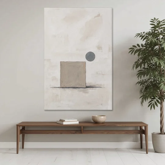 Minimalist Wall Decor with Driftwood Square and Slate Circle - Canvas Wall Art - Coffee Table - 40x60