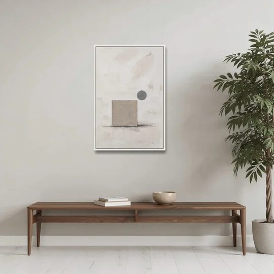 Minimalist Wall Decor with Driftwood Square and Slate Circle - White Framed Canvas Wall Art - Coffee Table - 24x36