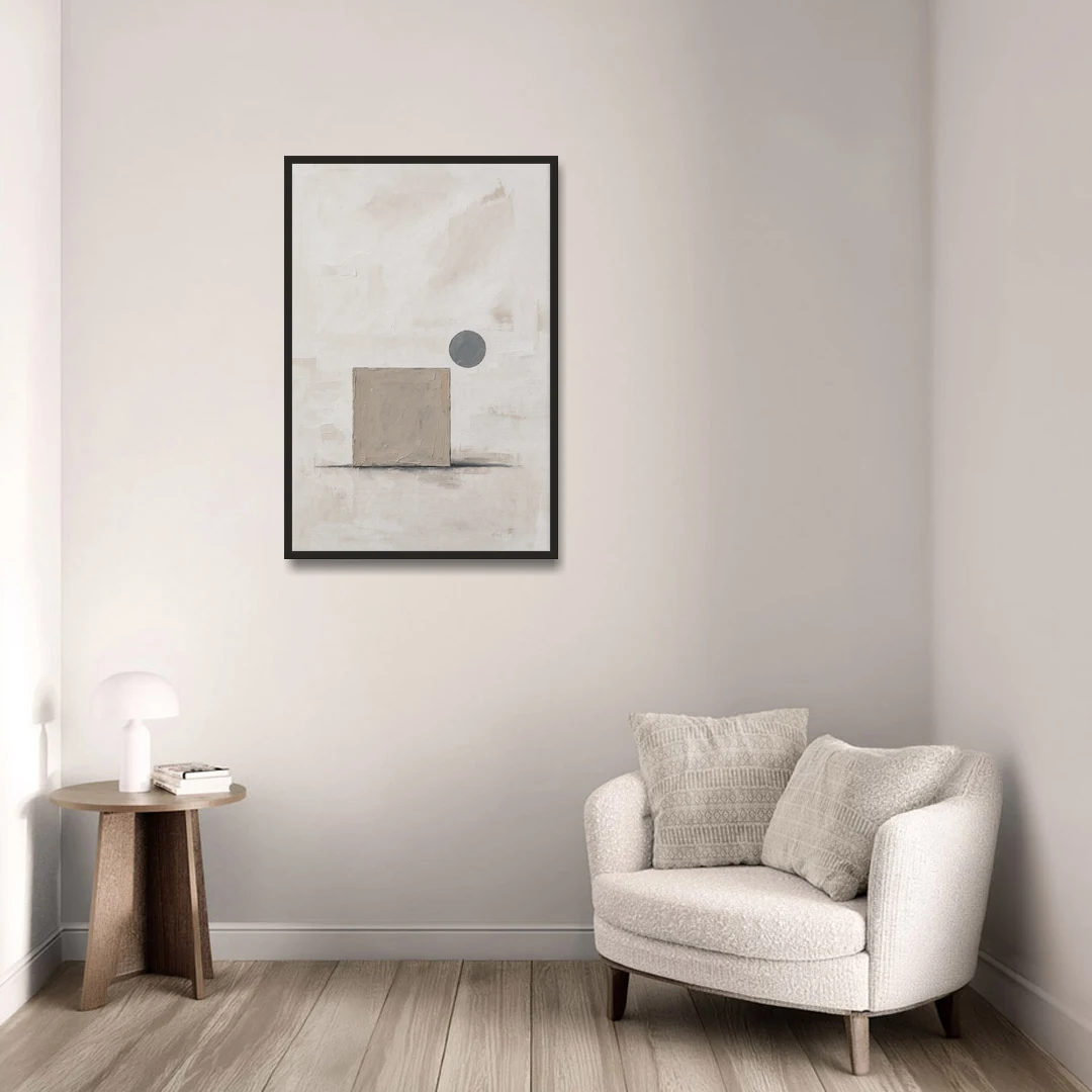 Minimalist Wall Decor with Driftwood Square and Slate Circle - Black Framed Canvas Wall Art - Sofa - 24x36