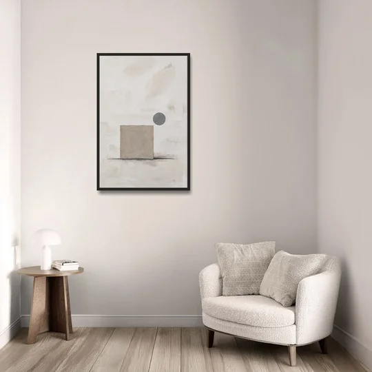 Minimalist Wall Decor with Driftwood Square and Slate Circle - Black Framed Canvas Wall Art - Sofa - 24x36
