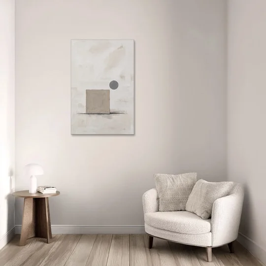 Minimalist Wall Decor with Driftwood Square and Slate Circle - Canvas Wall Art - Sofa - 24x36
