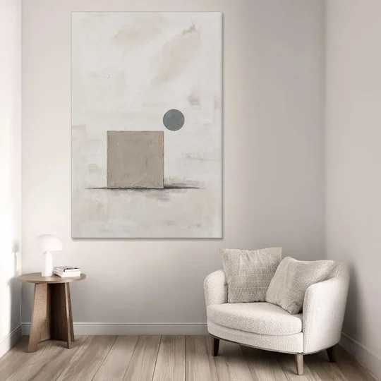 Minimalist Wall Decor with Driftwood Square and Slate Circle - Canvas Wall Art - Sofa - 40x60