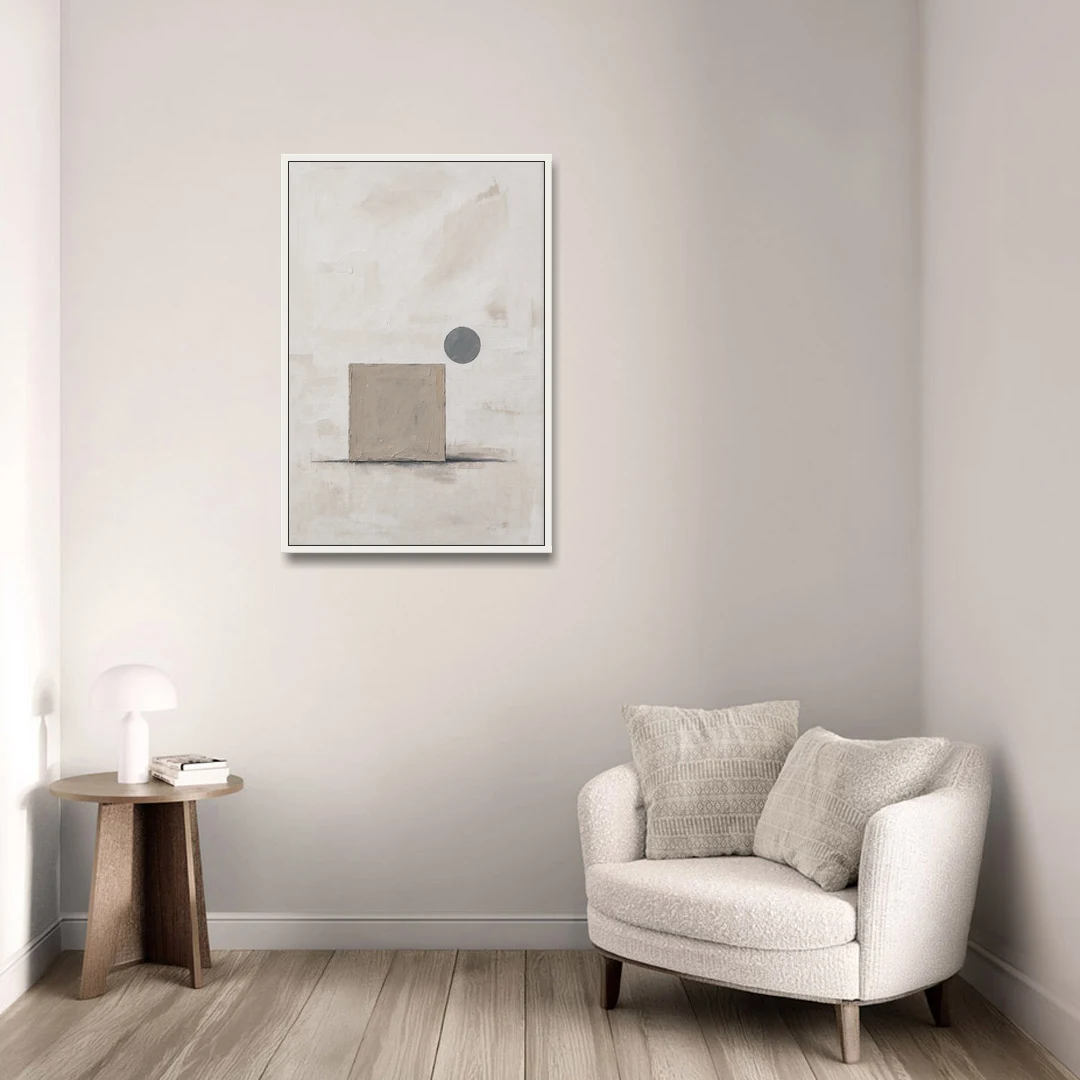Minimalist Wall Decor with Driftwood Square and Slate Circle - White Framed Canvas Wall Art - Sofa - 24x36