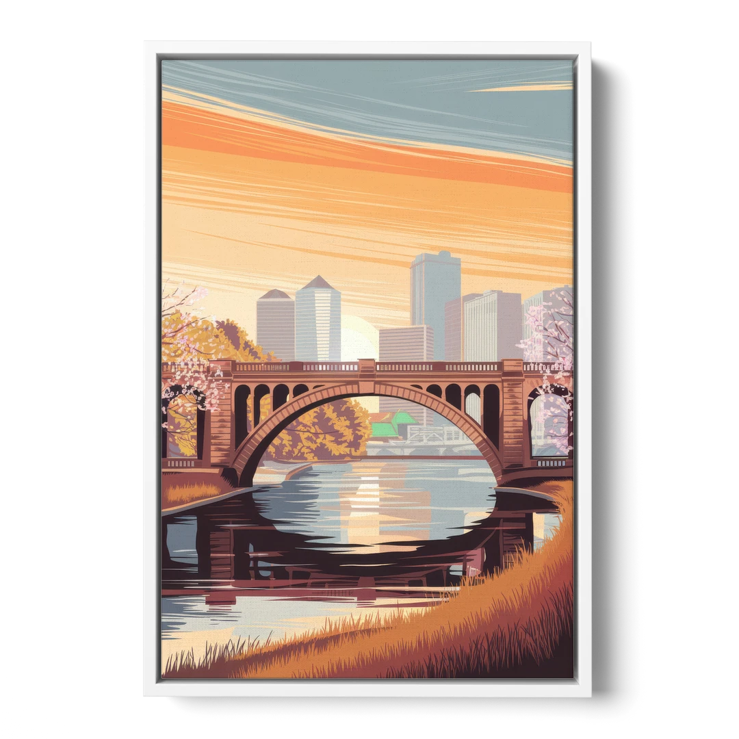 Minneapolis Iconic Stone Arch Bridge - White Framed Canvas Wall Art - Front