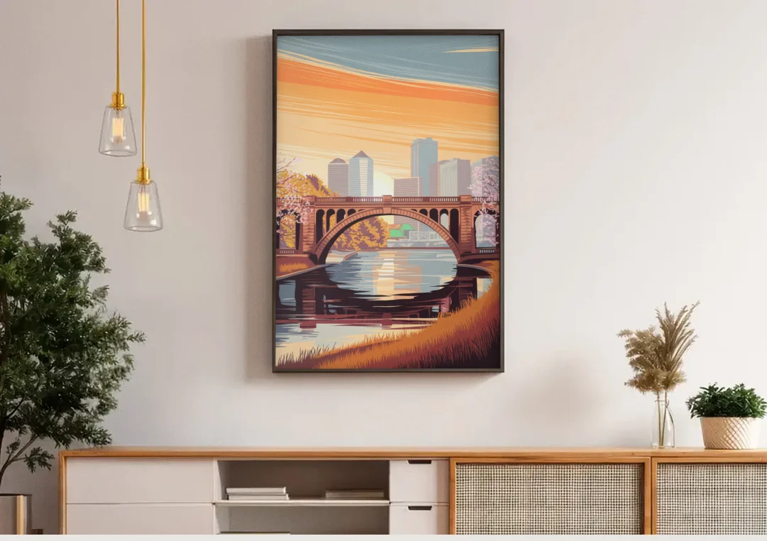 Minneapolis Iconic Stone Arch Bridge canvas wall art above a wooden sideboard under pendant lights