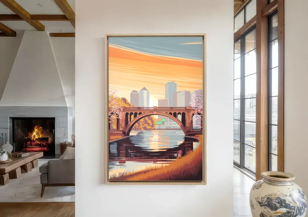 Minneapolis Iconic Stone Arch Bridge canvas wall art in a living room with a fireplace